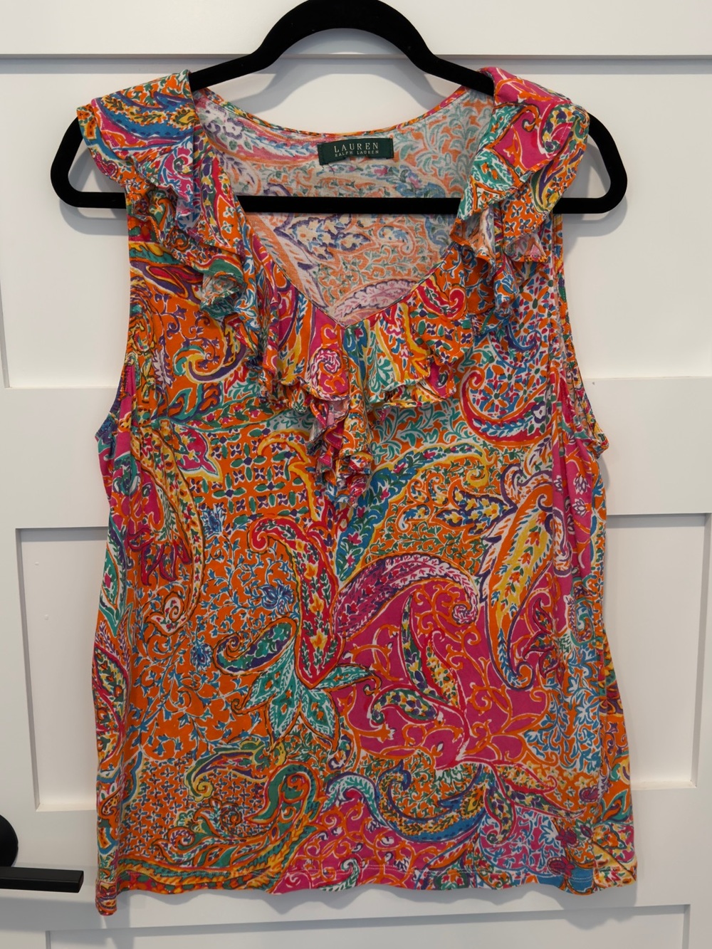 Ralph Lauren Orange Pink Paisley Ruffle Sleeveless Camisole